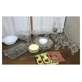 Glass platter, bowls, dessert cups, oil lamp,