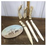 Elephant plate, letter openers, bird statues,