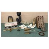 Rustic junque - lamp, curlers, rooster, etc