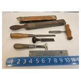 Early chisels, razor strop, etc