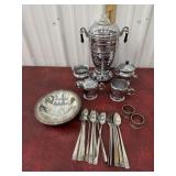 silver plated bowl, Chrome percolator, cream and