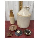 Crock jug and bottle and misc. lids