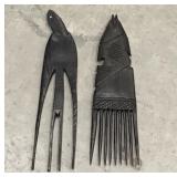 Tribal combs- fish, bird, carved dark wood