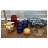 Carnival glass, art, glass, dog handle pitcher,