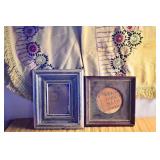 Antique Wood Frames & Embroidered Linens. One