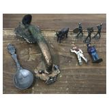 Door handle, pewter spoon, toy figures *not all