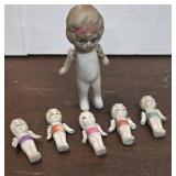 6 miniature jointed Japan china Dolls - still