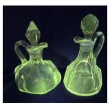 2 Hand Blown Glass Vinegar Cruets - Glow Green