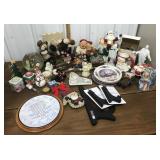 Christmas figures, plates, candles, snow globe