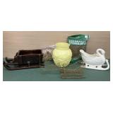 3 Decorative Sleighs, Vase, And Moss- One Sled Has