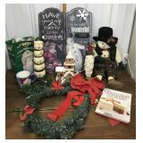 Christmas signs, snowmen, wreath, cookbook, mug