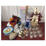 Easter rabbit decor. Spring faux flowers, tree,