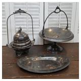 Silverplate brides basket, tray, & figural bird