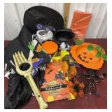 Halloween items, lights, tin bucket, tablecloth