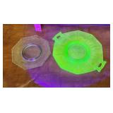 Green depression glass one glows