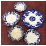 Flow blue plates, saucer and fruit bowls