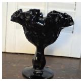 Fenton Black Glass Thumbprint Ruffle Top Pedestal