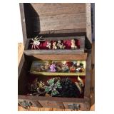 Wooden Jewelry Chest with Vintage Pins & Earrings