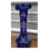 Bristol Glass Cobalt Blue Bud Vase White Floral &