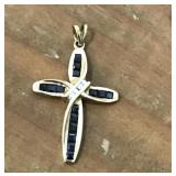 10k Gold Cross Pendant W/ Blue Stones