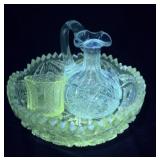 3pcs Glow Green Glass - Bowl, Toothpick, & Cruet