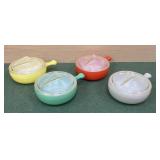 Glasbake handled bowl with a clear "fin" lid -