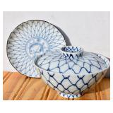 Blue/White Porcelain Lidded Bowl & Small Fish