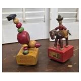 2 Wooden Push Puppets - Clown & Cowboy