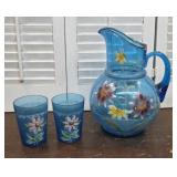 Pretty Hand painted art glass pitcher & 2 glasses
