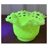 Fenton custard satin glass open lace ruffle