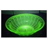 Glows Vaseline glass green serving bowl