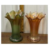 Northwood green & marigold Carnival glass vases