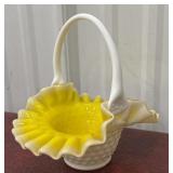 Yellow Milk glass Overlay hobnail Melon Basket