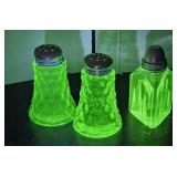 3 Green Vaseline glass salt shakers