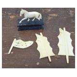 4 hand carved bone? pcs - Flag, horse (broken