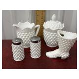 Fenton milk glass hobnail cream and sugar, salt