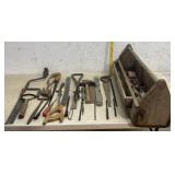 Wooden Tool Tote w/ miscellaneous tools