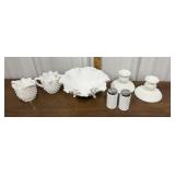 Milk glass bowl, candlesticks, creamer, sugar,