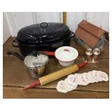 Enamelware roasting pan, saucepans, rolling pin,