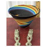 Hand Woven wire basket and pair cast iron frog