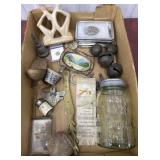 Box lil Junque Atlas jar, brass bells, fossil