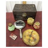 Carved wooden box, hand mirror, jadeite shaker