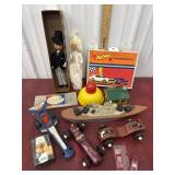 Wedding dolls, Hot Wheels case, Wooden derby cars
