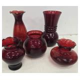 5 ruby Red glass vases