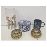 Japan vase, mug, and brass trinket boxes