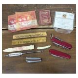 Pocket knives, rulers, pen, pin, tiny book etc