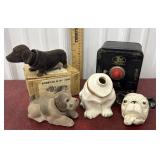 3 Bobbing Head dogs, bull dog decanter and tin