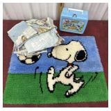 Snoopy hook rug, Smurf lunch box, and Star Wars