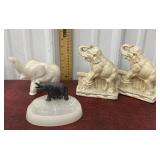 Syroco wood elephant bookends, stone ash tray and