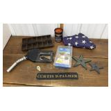 Cast iron pan, Allstate Lubricant tin, flag, dog